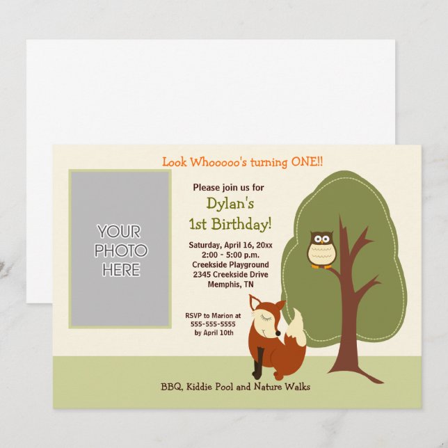 Woodland Fox and Owl *PHOTO* Birthday 5x7 Invitation (Front/Back)
