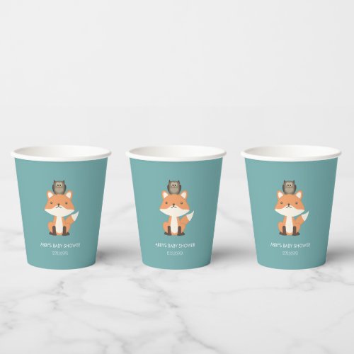 Woodland Fox and Owl Teal Blue Baby Shower Paper Cups