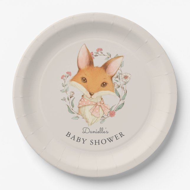 Woodland Fox Animal Baby Shower for Girl Paper Plates (Front)