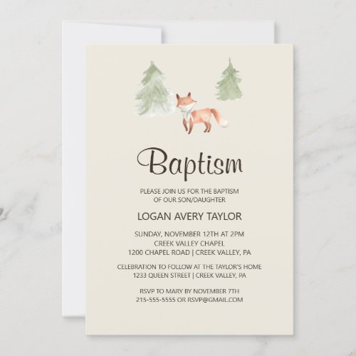 Woodland Fox Baby Baptism Invitation