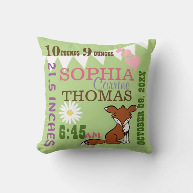 Woodland Fox Baby Birth Stats Throw Pillow (Front)