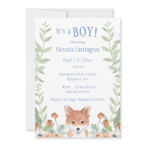 Woodland Fox Baby Boy Script Floral Baby Shower Invitation