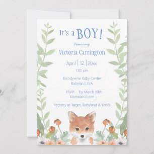 Woodland Fox Baby Boy Script Floral Baby Shower Invitation