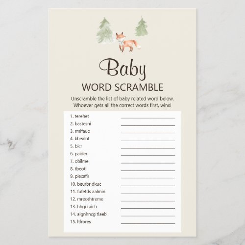 Woodland Fox Baby Shower Baby Word Scramble Game Flyer