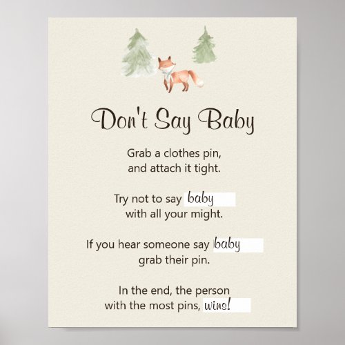 Woodland Fox Baby Shower Dont Say Baby Poster