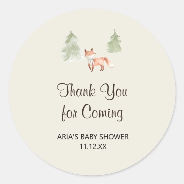 Woodland Fox Baby Shower Favor Classic Round Sticker (Front)