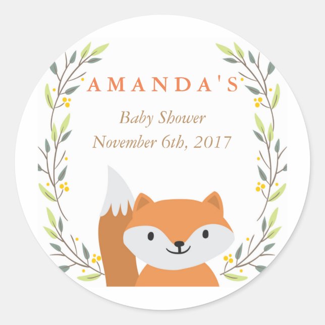 Woodland Fox Baby Shower Favor Sticker (Front)