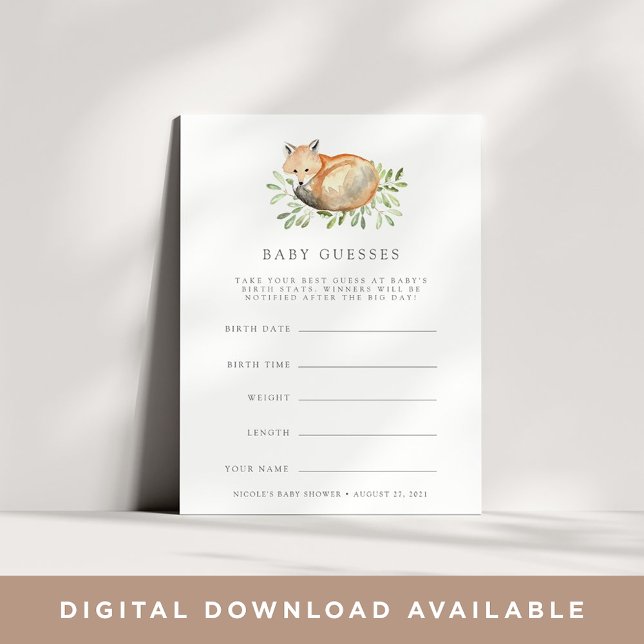 Woodland Fox Baby Shower Guessing Game Card (Creator Uploaded)