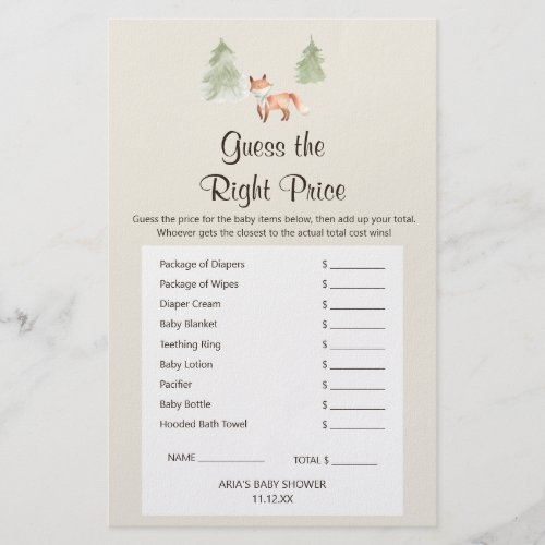 Woodland Fox Baby Shower GuessThe Right Price Game Flyer