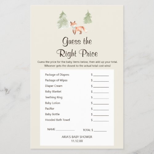 Woodland Fox Baby Shower GuessThe Right Price Game Flyer