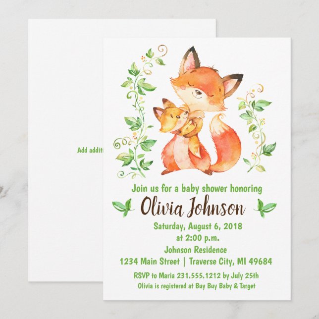 Woodland Fox Baby Shower Invitation (Front/Back)