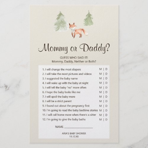 Woodland Fox Baby Shower Mommy or Daddy Game Flyer