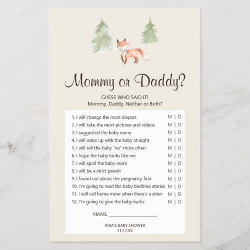 Woodland Fox Baby Shower Mommy or Daddy Game Flyer
