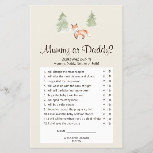 Woodland Fox Baby Shower Mummy or Daddy Game Flyer