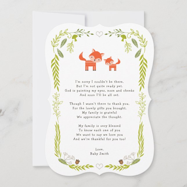 Woodland Fox baby shower thank you note with poem (Front)