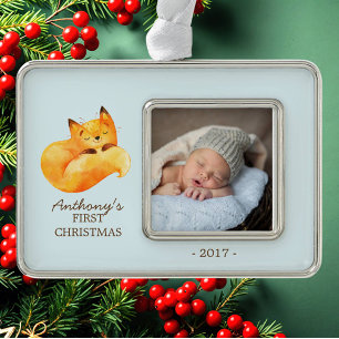 Woodland Fox Baby's 1st Christmas Photo Ornament