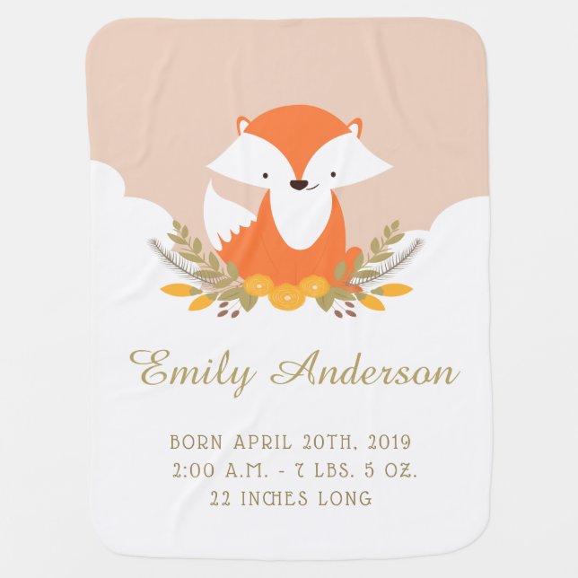 Woodland Fox Birth Announcement Baby Blanket (Front)