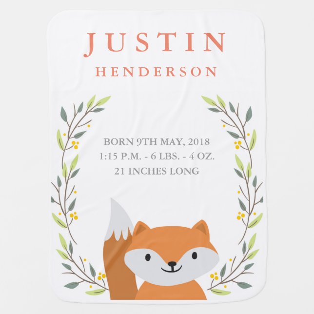 Woodland Fox Birth Announcement Baby Blanket (Front)