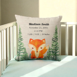 Woodland Fox Birth Stats Brown Nursery Throw Pillow