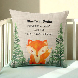 Woodland Fox Birth Stats Brown Nursery Throw Pillow