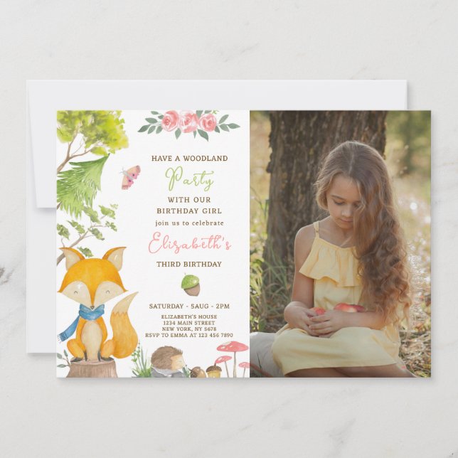 Woodland Fox Birthday Invitation With Photo (Front)
