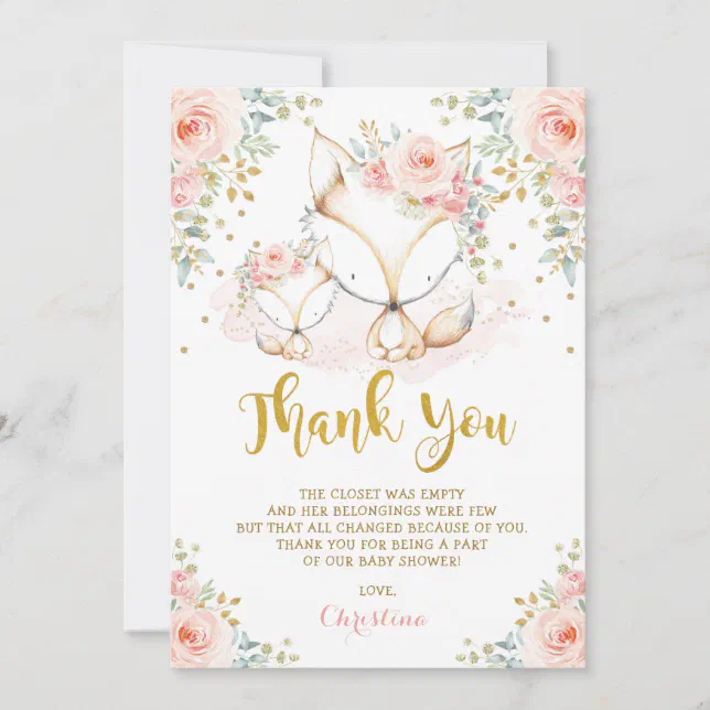 Woodland Fox Blush Gold Floral Girl Baby Shower Th Thank You Card | Zazzle