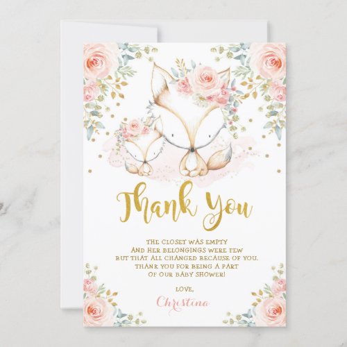 Woodland Fox Blush Gold Floral Girl Baby Shower Th Thank You Card