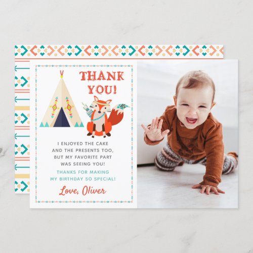 Woodland Fox Boho Birthday Photo Thank You Card