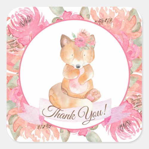 Woodland Fox Boho Pink Floral Baby Shower Square Sticker