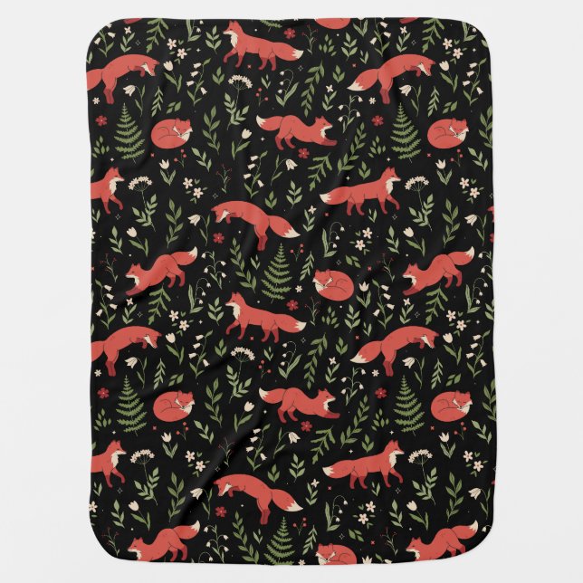 Woodland Fox Botanical Pattern Baby Blanket (Front)