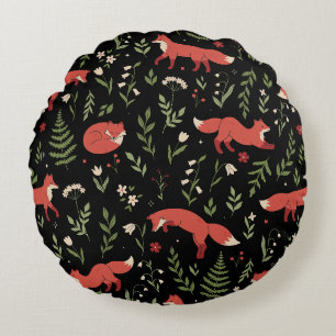 Woodland Fox Botanical Pattern Round Pillow