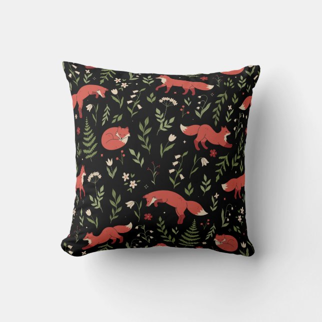 Woodland Fox Botanical Pattern Throw Pillow (Front)