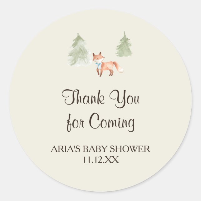 Woodland Fox Boy Baby Shower Favor Classic Round Sticker (Front)