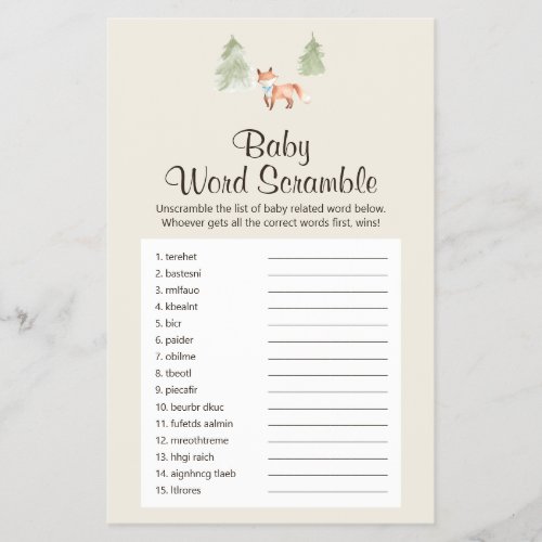 Woodland Fox Boy Shower Baby Word Scramble Game Flyer