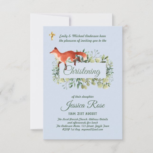 Woodland Fox Boys Christening Invites Baptism  (Front)