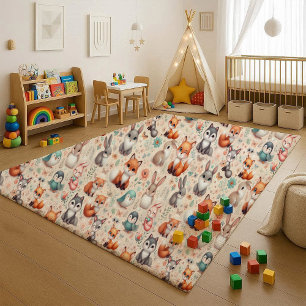 Woodland Fox Bunny Watercolor Boho Nursery Rug