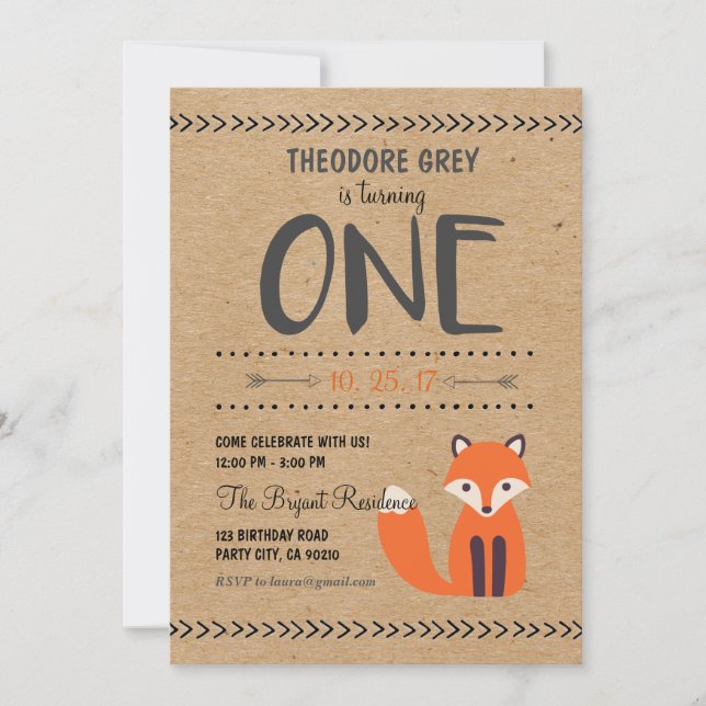 Woodland Fox Chevron Boy First Birthday invitation (Front)