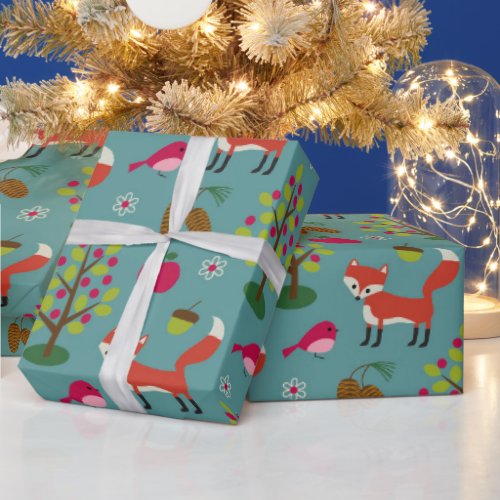 Woodland Fox Christmas Trees Holiday Wrapping Paper