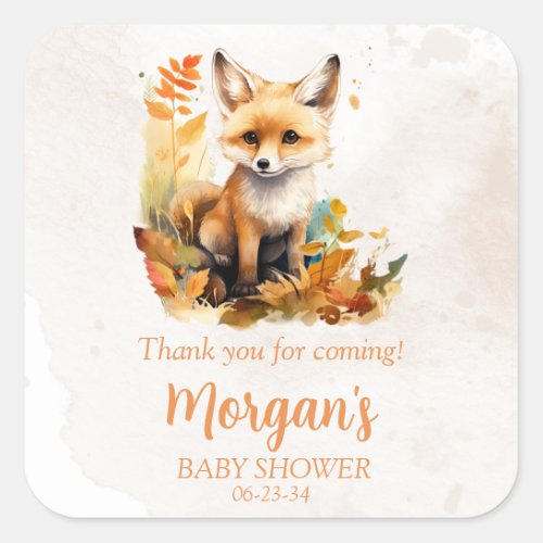 Woodland Fox Cute Baby Shower Favors Square Sticker