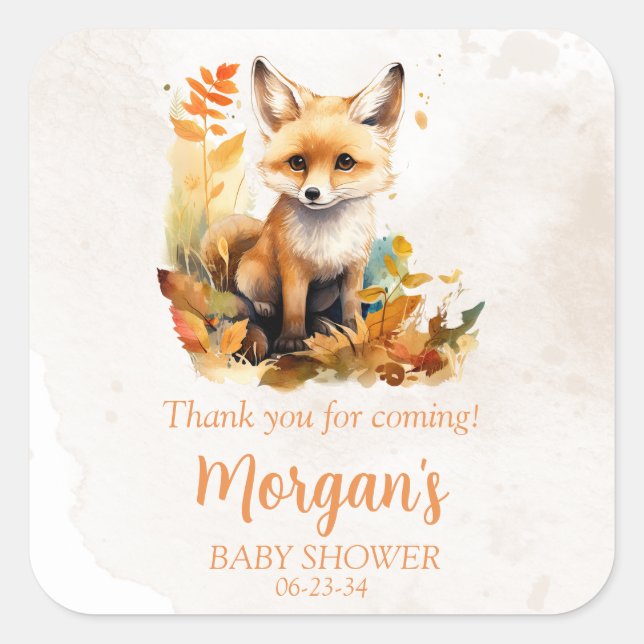 Woodland Fox Cute Baby Shower Favors Square Sticker (Front)