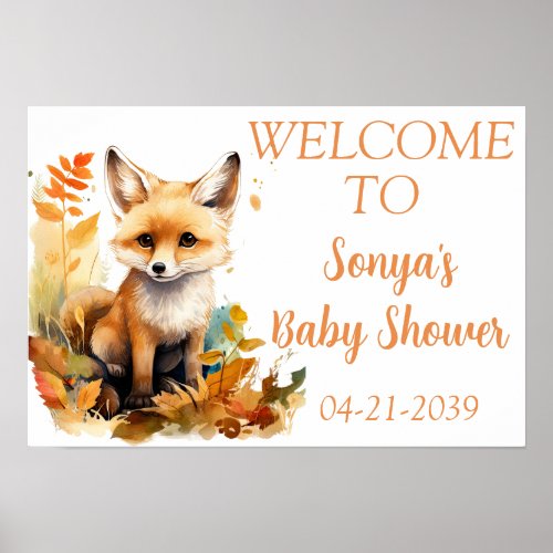 Woodland Fox Cute Baby Shower Floral Welcome Poster