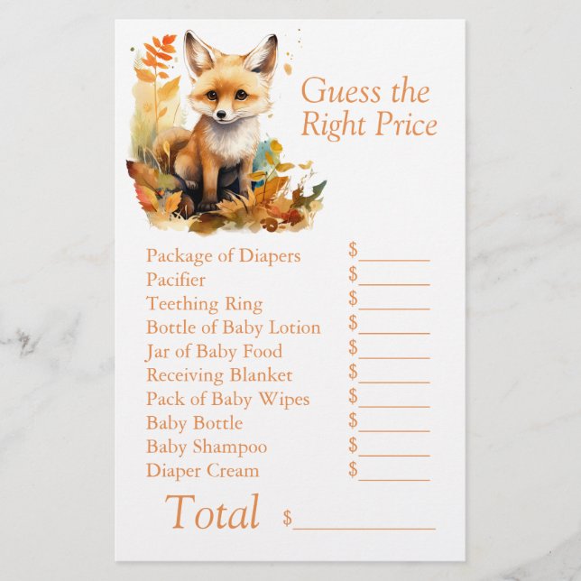 Woodland Fox Cute Baby Shower Guess Right Price (Front)
