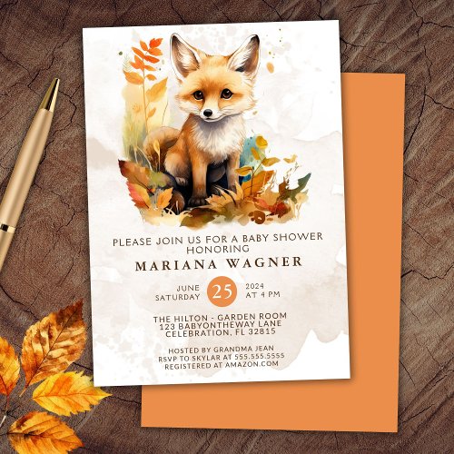 Woodland Fox Cute Baby Shower Invitation