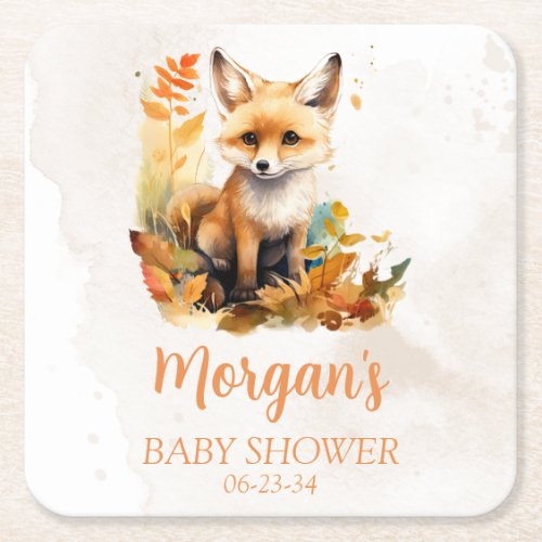 Woodland Fox Cute Baby Shower Square Paper Coaster