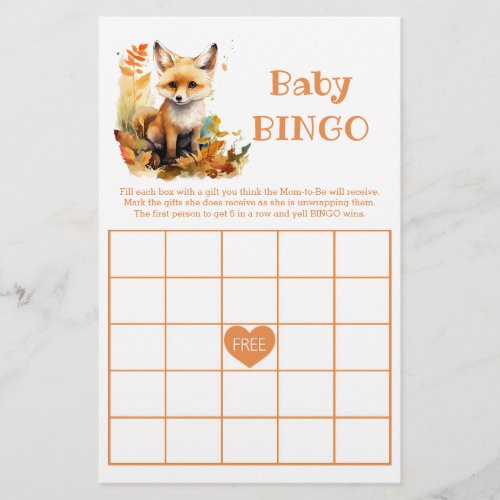 Woodland Fox Cute BINGO Baby Shower Game