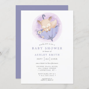 Woodland Fox Floral Umbrella Purple Baby Shower Invitation