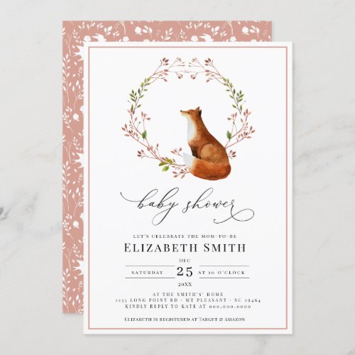 Woodland Fox Floral Watercolor Girl Baby Shower  Invitation