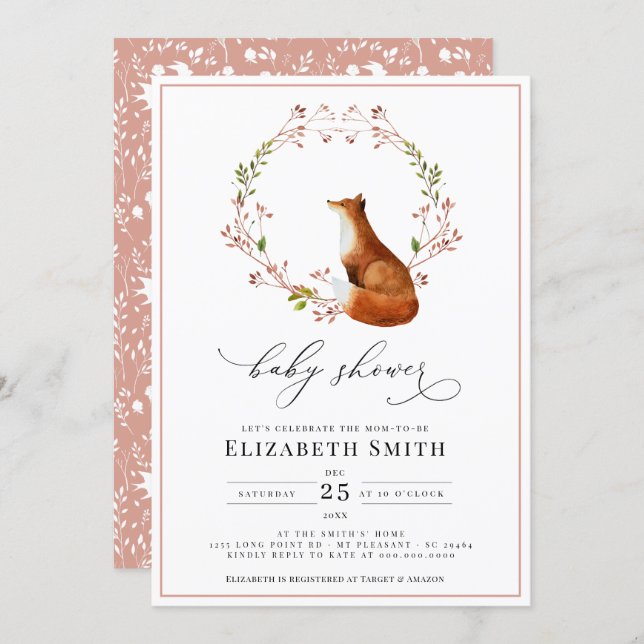 Woodland Fox Floral Watercolor Girl Baby Shower  Invitation (Front/Back)