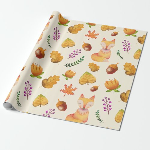 Woodland Fox Foliage Watercolor Pattern Wrapping Paper