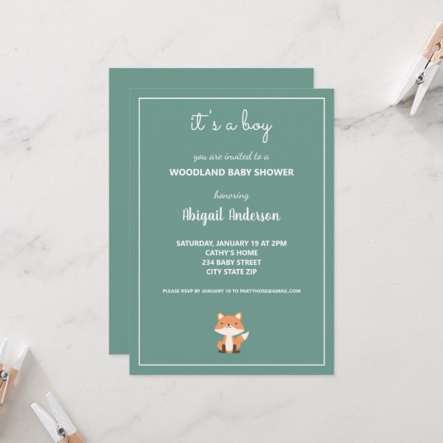 Woodland Fox Forest Baby Shower Invitation (Front/Back In Situ)